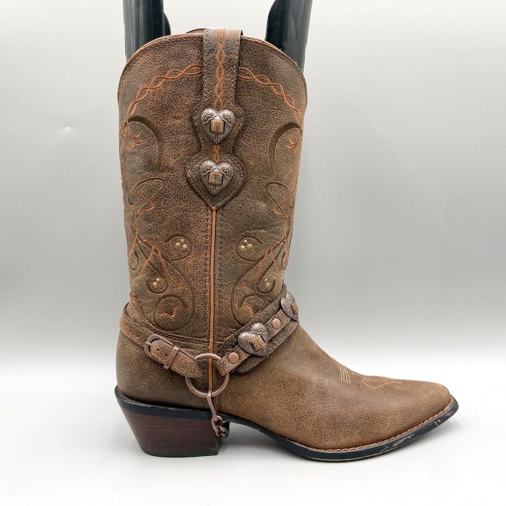 Durango Crush Heart Concho Brown Western Boots Womens 8.5 M Harness Distressed